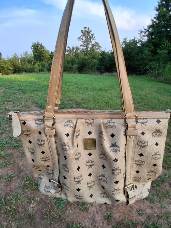 MCM Handbags - MCM Visetos Beige Logo Tote Bag